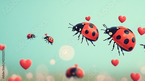 Cute Cartoon Love Bugs Flying with Hearts Against a Soft Background photo