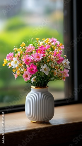 Wallpaper Mural Colorful Flower Bouquet in White Ribbed Vase on Wooden Windowsill Torontodigital.ca