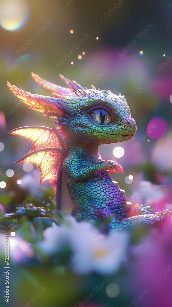 Obraz premium Adorable Baby Dragon in a Magical Garden