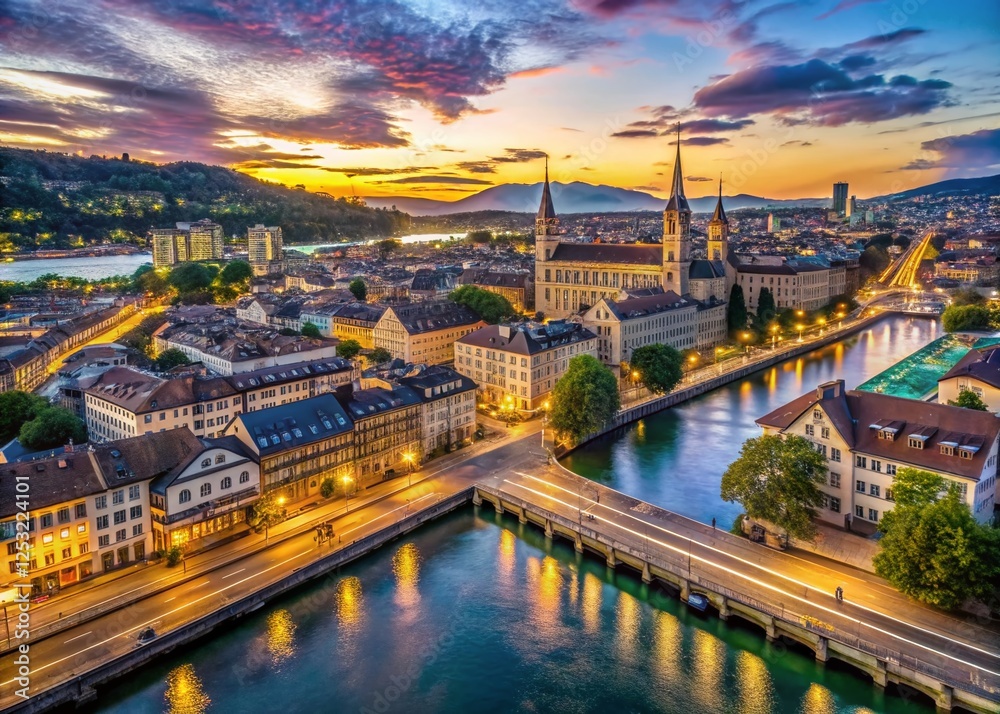 Zurich Cityscape Evening Panorama: Aerial Timelapse of Central Station & Limmat River, Switzerland Zurich Cityscape Evening Panorama: Aerial Timelapse of Central Station & Limmat River, Switzerland
