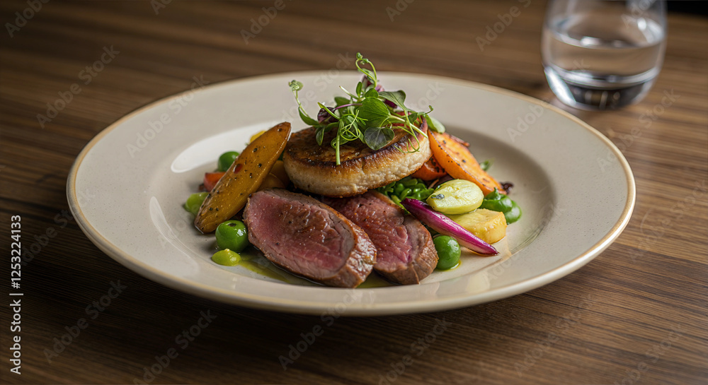 This image depicts a beautifully plated dish featuring a juicy, medium-rare steak as the centerpiece. This image depicts a beautifully plated dish featuring a juicy, medium-rare steak as the centerpiece.