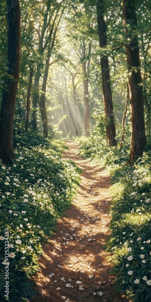 Obraz premium Serene woodland path illuminated by sunlight in spring