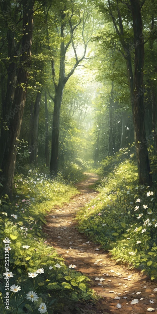 Obraz premium Sunlit forest path surrounded by vibrant greenery