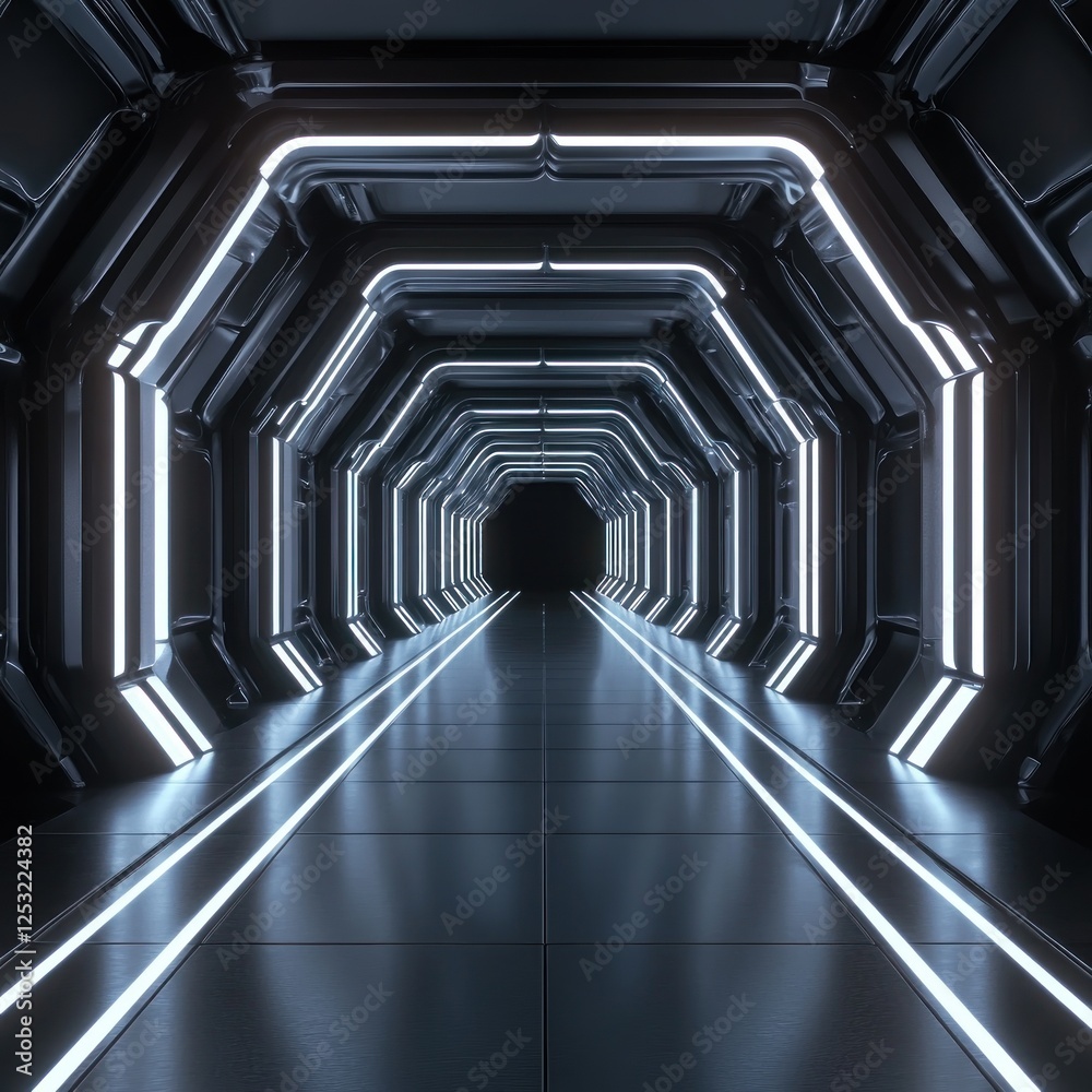 Obraz premium Futuristic spaceship corridor, glowing lights, dark background, science fiction setting, ideal for sci-fi film backgrounds