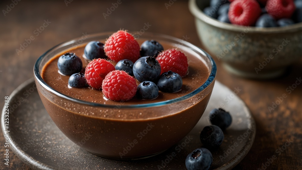 Chocolate dessert bowl with fresh raspberries and blueberries, sitting on a rustic wooden table. Chocolate dessert bowl with fresh raspberries and blueberries, sitting on a rustic wooden table.