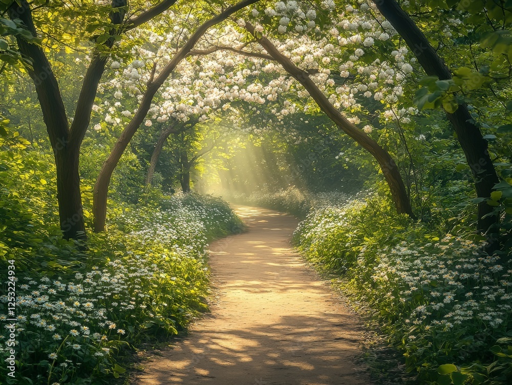 Obraz premium Sunlit forest pathway under flowering trees in spring