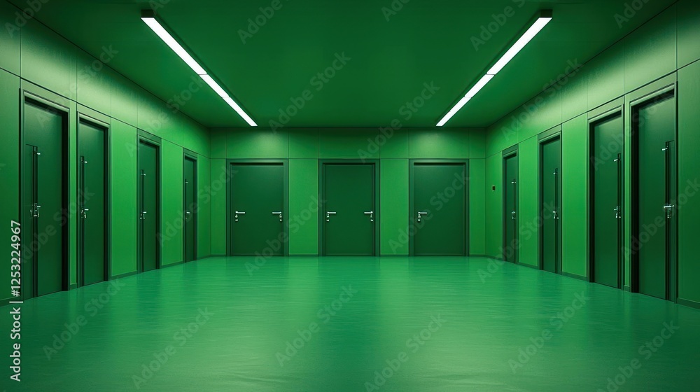 Green Corridor With Many Doors Green Corridor With Many Doors