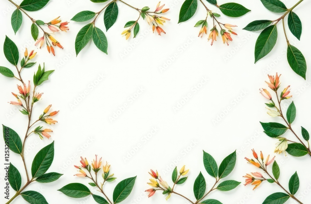 Fototapeta premium Patterns with leaves, jasmine, white background, lay flat, the top view