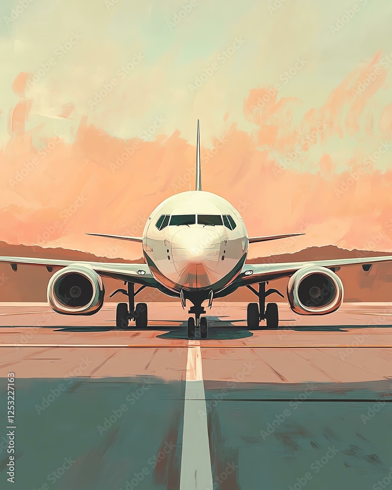 Fototapeta premium Airplane on runway against colorful sunset sky.