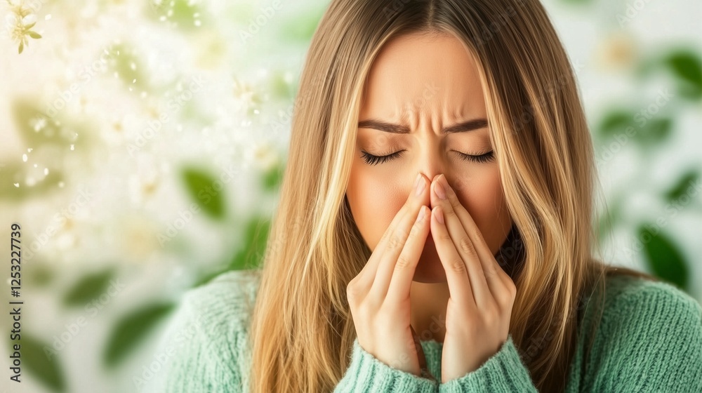 a woman experiencing allergy symptoms, rubbing her nose a woman experiencing allergy symptoms, rubbing her nose