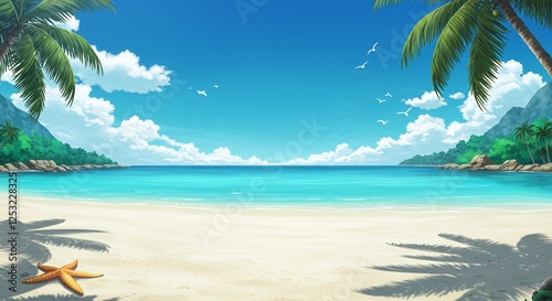 Tropical beach paradise with palm trees and clear blue sky