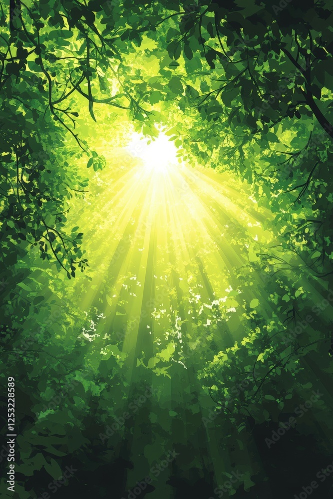 Obraz premium Sunlight filtering through lush treetops in a serene forest
