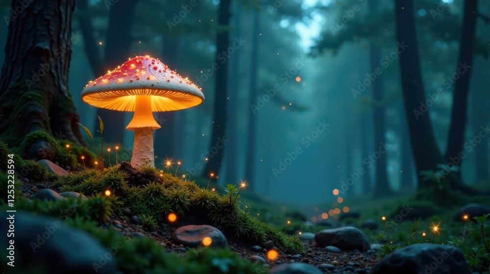 Fototapeta premium Enchanted Forest Luminescent Fungus Glowing Amidst Moss and Stones at Dusk