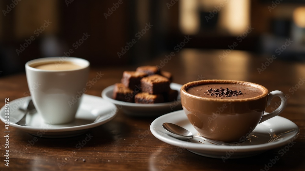 Obraz premium Delicious Treats: Coffee, Hot Chocolate, and Brownies Ready to Enjoy on a Wood Table Surface
