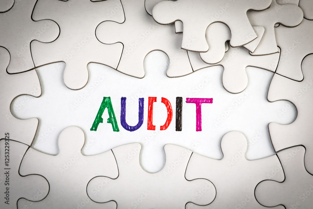 AUDIT Concept. Text on a white page. White puzzle pieces AUDIT Concept. Text on a white page. White puzzle pieces