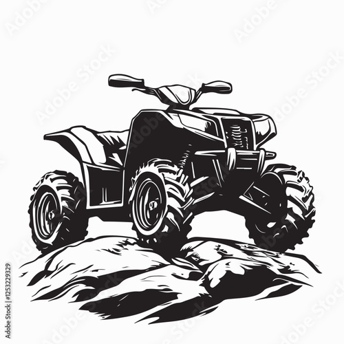 ATV Vehicle Positioned on Top of Rocky Terrain image vector isolated on white background.