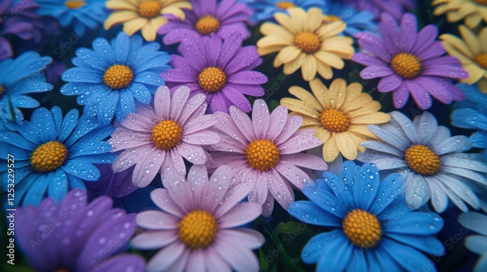 Fototapeta premium Colorful daisies with water drops on their petals, vibrant colors of blue, purple, and yellow flowers.