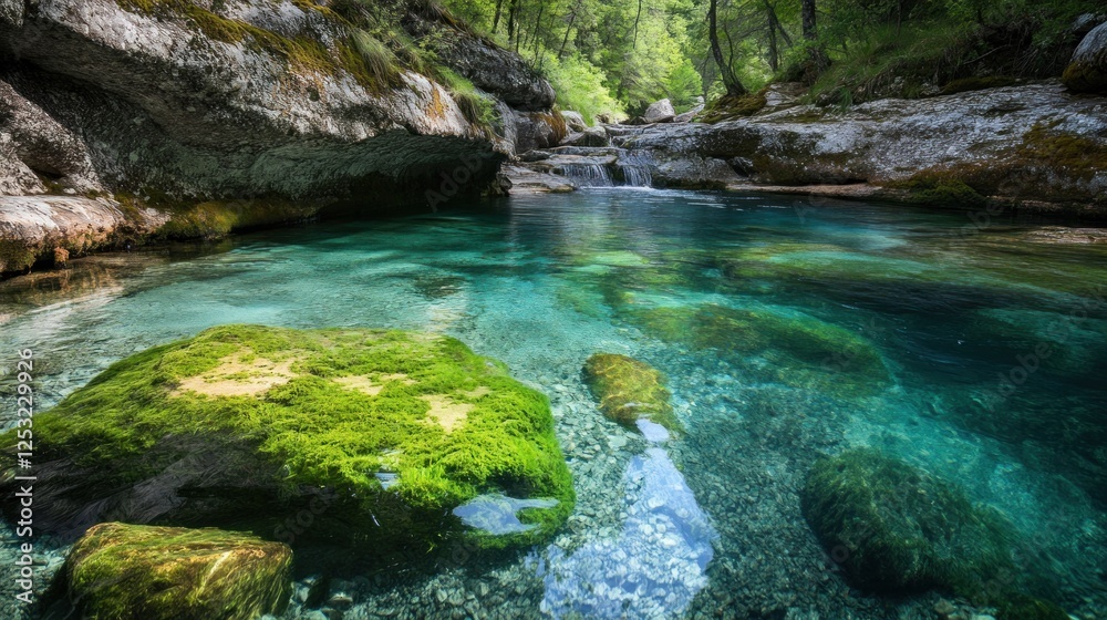 Serene Crystal Clear River in a Mountain Gorge Serene Crystal Clear River in a Mountain Gorge