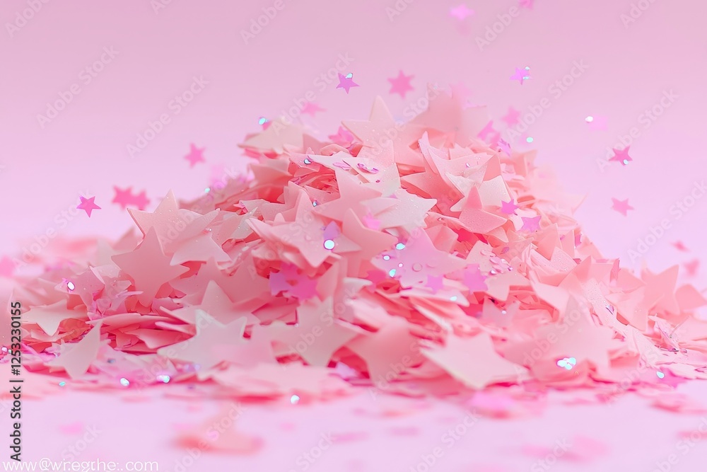 Fototapeta premium In a flat lay composition, scattered pink holographic glitter star-shaped confetti on a pink background is set against a festive holiday pastel backdrop, appropriate for birthdays, congratulations,