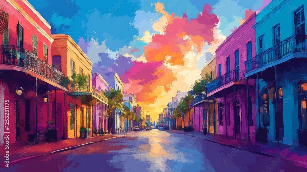 Fototapeta premium Chromatic Harmony, A Vibrant Streetscape Under a Psychedelic Sky Canvas