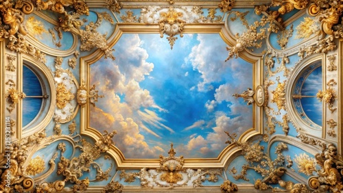Fototapeta Naklejka Na Ścianę i Meble -  Intricate Heavenly ceiling mural with a blue sky and ornate Baroque frame adorned with gold leaf details, sky, painting