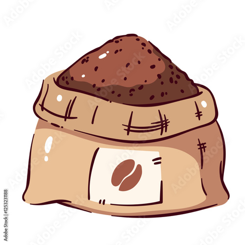 Burlap cartoon sack with coffee beans pile. Funny open bag with brown seeds and label. Agriculture, storage equipment mascot, cartoon cute coffee sack full of roasted grains vector illustration