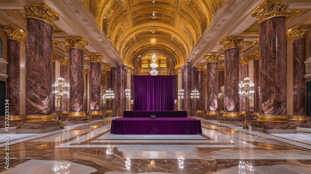 Obraz premium Grand Hall with Gold Accents and Purple Drapes