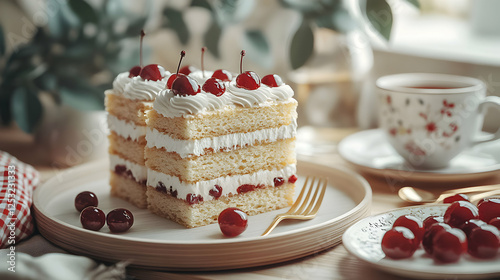 Wallpaper Mural Elegant cherry topped cake slices with tea in a bright still life setting Torontodigital.ca