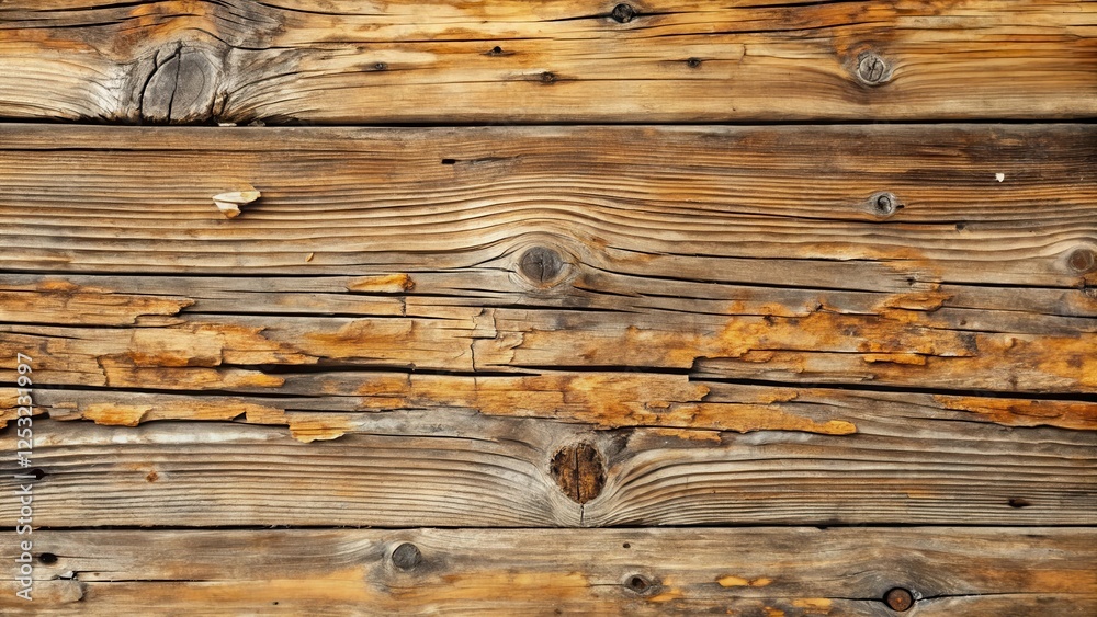 Naklejka premium weathered wooden board with visible mold growth and cracks, showing signs of aging and deterioration