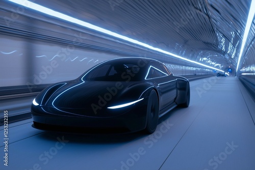 Futuristic Black Sports Car Speeding Through an Illuminated Tunnel