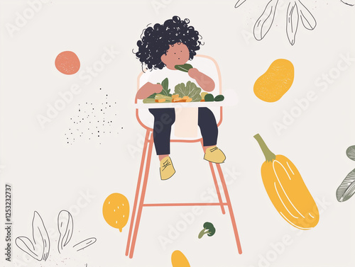 Flat illustration with doodle elements, baby eating vegetables while sitting in a high chair. Healthy eating and early introduction of solid foods. Advertising of organic products