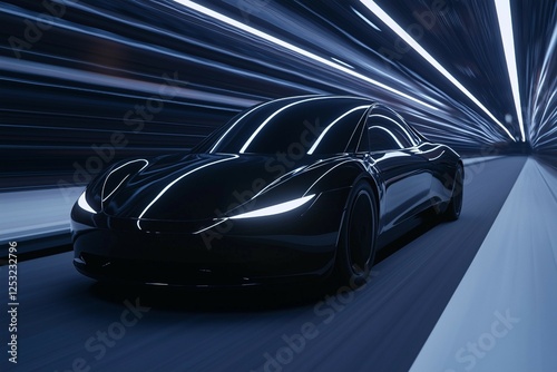 Futuristic Black Sports Car Speeding Through an Illuminated Tunnel