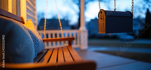 Twilight serenity, A porch swing beckons with gentle illumination photo