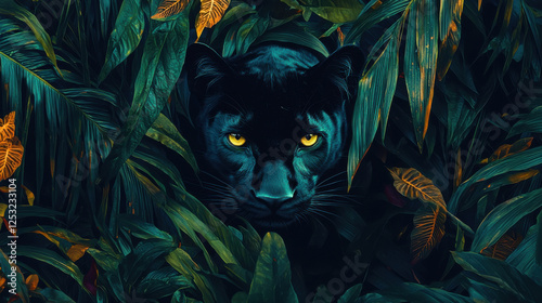 Black panther with piercing yellow eyes emerges from lush green foliage