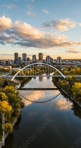 Edmonton's Walterdale Bridge: A Golden Hour View of Alberta's River Valley & Skyline in Autumn. Stunning Reflections!