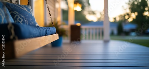 Serene twilight tranquility on the front porch swing with blue pillows