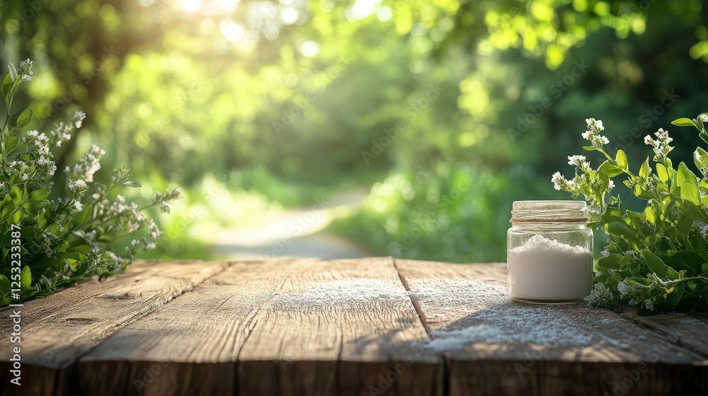 A rustic wooden table with a jar of salt amidst a lush green landscape. A rustic wooden table with a jar of salt amidst a lush green landscape.