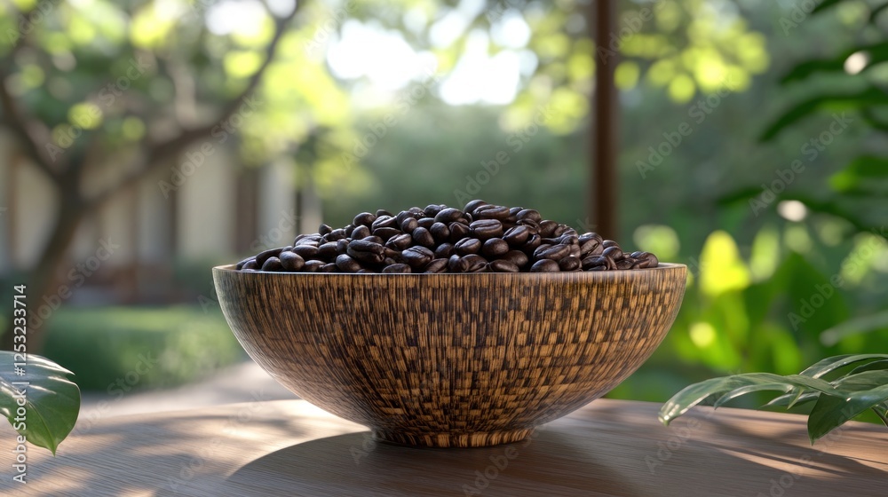 Roasted Coffee Beans In Wooden Bowl Outdoor Setting Roasted Coffee Beans In Wooden Bowl Outdoor Setting