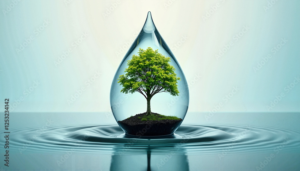Fototapeta premium conceptual image of a tree inside a glass water drop reflecting nature and sustainability