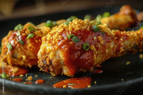 Crispy, breaded chicken drumsticks glazed with spicy sauce and topped with green onions. Perfect for menus, blogs, or recipe sites showcasing delicious food. photo