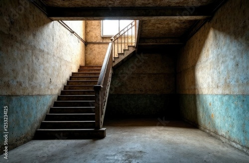 empty basement in abandoned old industrial building with little light and a wooden stairs