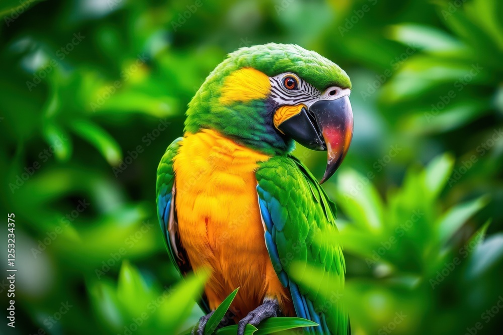Obraz premium Blue-and-yellow Macaw Perched in Lush Green Foliage