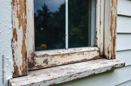 Old wooden window frames with rotting wood and cracked peeling paint, house needs renovation and new frames closeup