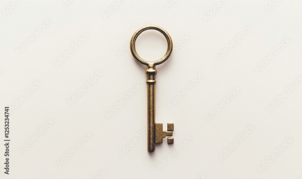 Antique golden key on white background; secrets, mystery, opportunity Antique golden key on white background; secrets, mystery, opportunity