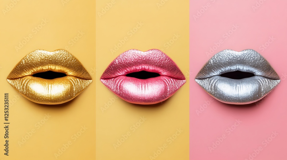 Bold Metallic Lips in Gold, Pink, and Silver on Vibrant Yellow and Pink Backgrounds Bold Metallic Lips in Gold, Pink, and Silver on Vibrant Yellow and Pink Backgrounds