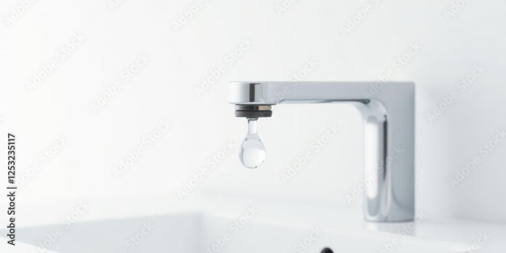 A Single Droplet of Water Falling from a Modern Faucet, Clean Minimalist Design A Single Droplet of Water Falling from a Modern Faucet, Clean Minimalist Design