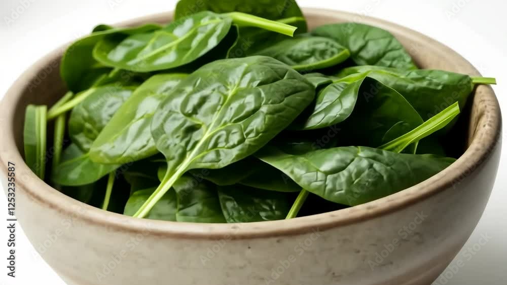 Fresh spinach leaves in bowl isolated on white. Green vegan breakfast meal. Plate of greenery. Clean eating, dieting, vegan food concept. Healthy diet design project. Organic Baby Spinach. Leaf salad