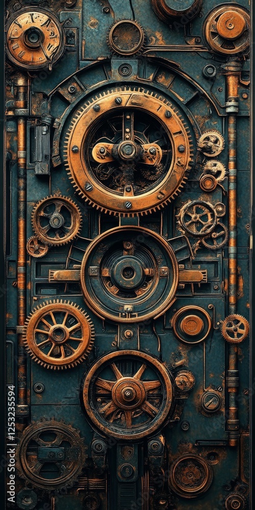 Intricate arrangement of gears and machinery on a wall Intricate arrangement of gears and machinery on a wall