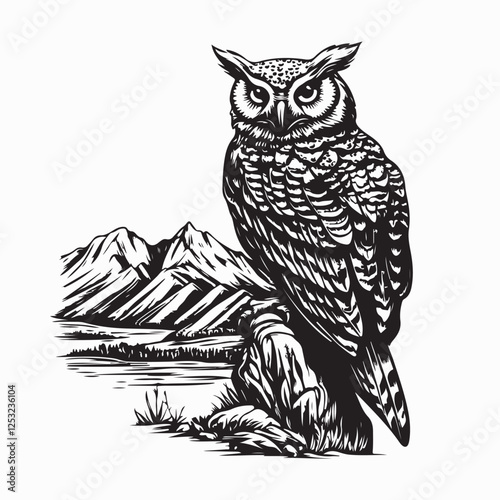 Owl Perched on a High Rock Watching Over the Mountainous Horizon Vector Design