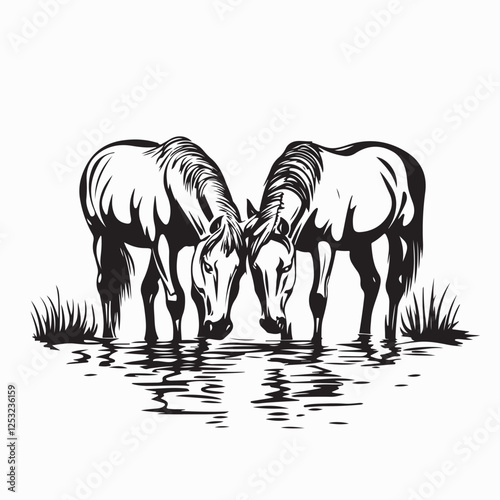 Two Wild Horses Enjoying Fresh Water in a Beautiful Natural River Vector Illustration